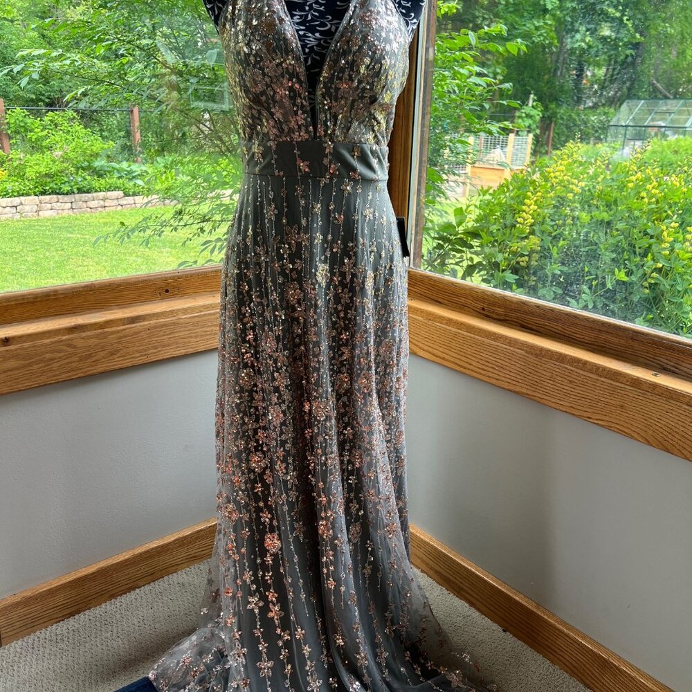 Baltic Born Tiara Sequin Gown Dark Eucalyptus NWT
